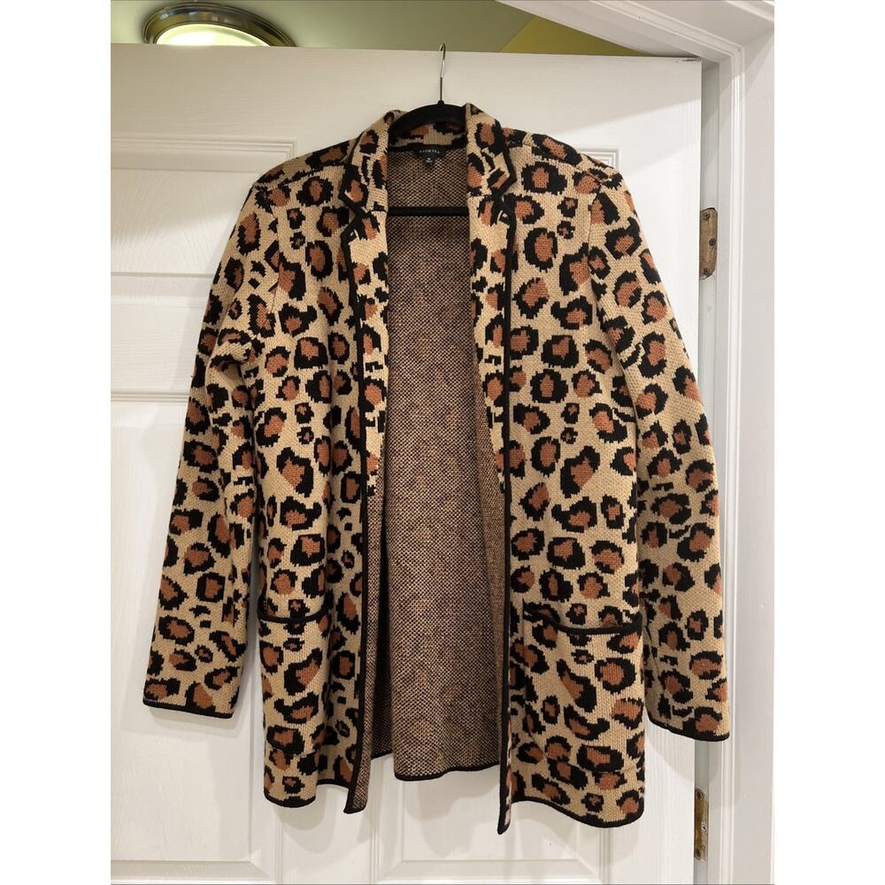 EUC Talbots Medium M Leopard Print Cardigan Long Wool Blend Casual Open Front